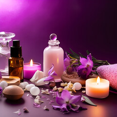 Obraz na płótnie Canvas Beautiful spa composition on purple background. Natural skincare cosmetic products. AI generated