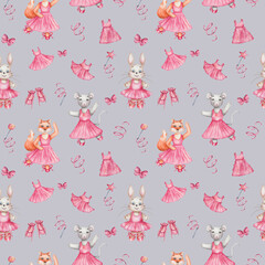 Watercolor seamless pattern. Hand painted illustration of mouse, fox, rabbit, hare. Girls in dance studio in pink dress, ballet shoes. Cartoon animal character. Print on grey background for textile