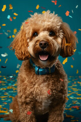 Brown Poodle Puppy with Confetti, Generative AI