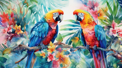 Watercolor Generative AI Illustration of Two Colorful Tropical Parrots Sitting on a Branch with Bright Flowers