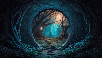 Fantasy fiction illustration of a path through the woods - obrazy, fototapety, plakaty