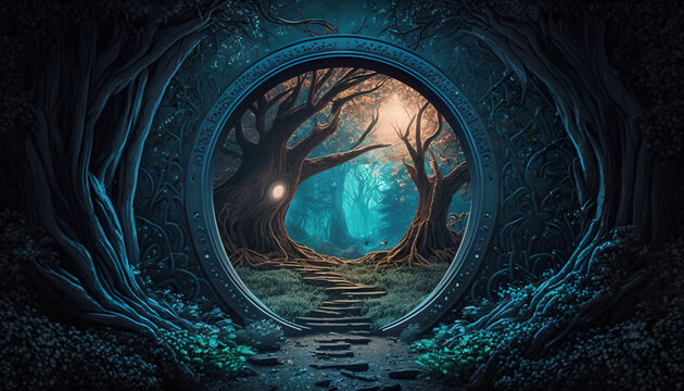 Fototapeta Fantasy fiction illustration of a path through the woods