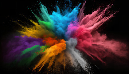 Abstract multicolored powder explosion on black background colorful dust explosion