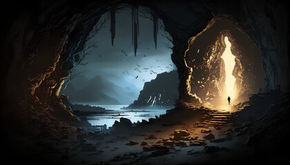 Mysterious dark cave fantasy landscape, a cave with a light on it and a green light at the bottom, a cave that exudes a forbidden and mysterious aura