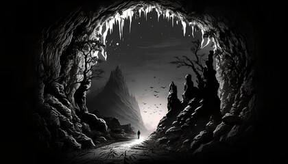 Mysterious dark cave fantasy landscape, a cave with a light on it and a green light at the bottom, a cave that exudes a forbidden and mysterious aura