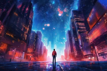 Fototapeta premium A person standing in a city street with a galaxy-filled sky as the background