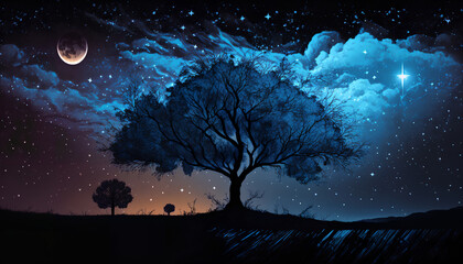 A tree in the dark with an amazing blue night and space sky behind it