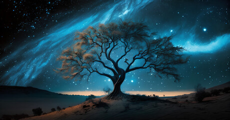 In a dreamy realm, a celestial tree stands prominently within a swirling galaxy.




