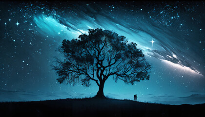 In a dreamy realm, a celestial tree stands prominently within a swirling galaxy.





