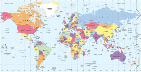 Fototapeta na wymiar Color blind friendly political World Map Miller projetion