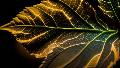 Close-up of a green leaf on a black background, Generative by AI