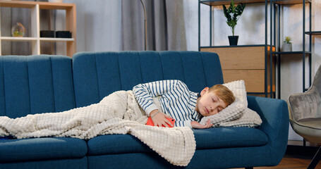 Cute relaxed teen boy sleeping on comfortable sofa when ringing his mobile,he wake up and give...