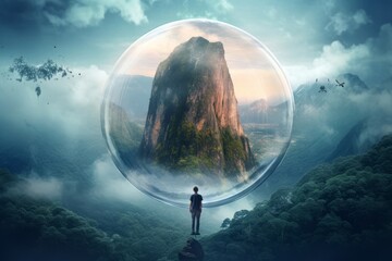 An otherworldly image featuring a person suspended in a translucent bubble, with the surreal landscape of floating islands