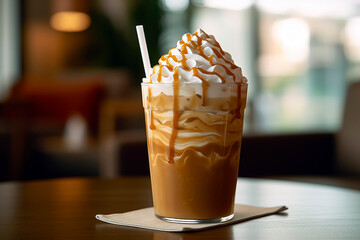 Glass of iced coffee topped with a generous dollop of whipped cream, a caramel drizzle, and a straw for sipping.