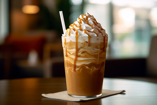 Glass of iced coffee topped with a generous dollop of whipped cream, a caramel drizzle, and a straw for sipping.