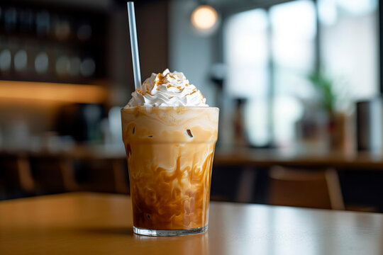 Glass of iced coffee topped with a generous dollop of whipped cream, a caramel drizzle, and a straw for sipping.