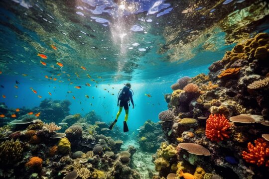 A captivating underwater image that features a person walking on the ocean floor, surrounded by the colorful marine life
