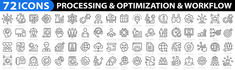 Processing & Optimization & Workflow 72 icon set. Project management icon collection. Time management and planning concept. Vector illustration