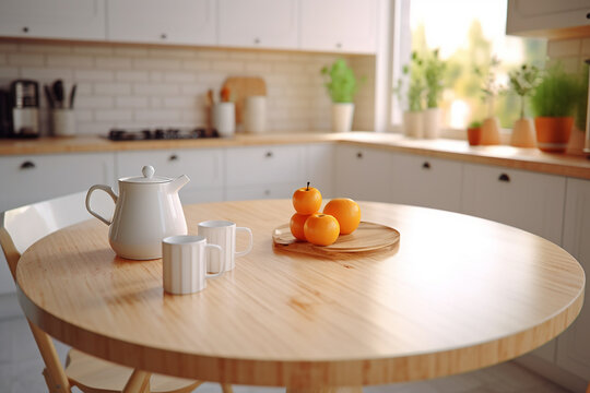 A kitchen with a wooden table and a vase with oranges on it, Generative AI