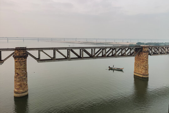 Beautiful godavari river and bridge. A small fishing boat in the river.