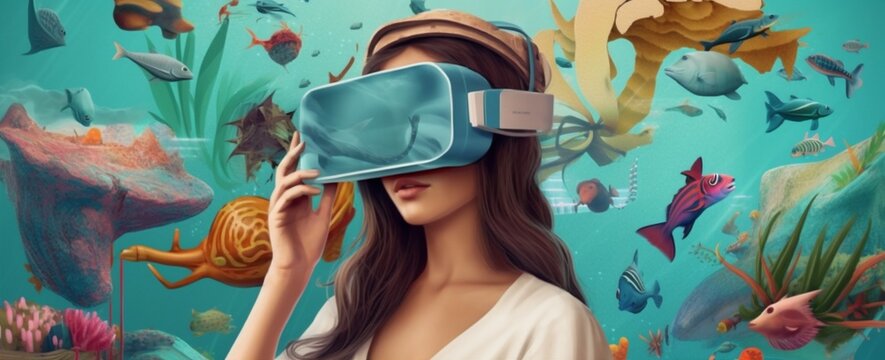 glasses woman skyline travel virtual future reality abstract digital vr technology. Generative AI.