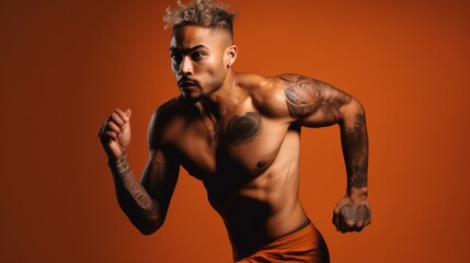 Fototapeta na wymiar Portrait of a handsome muscular man running on a orange background.Generative Ai