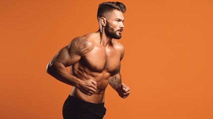 Portrait of a handsome muscular man running on a orange background.Generative Ai - obrazy, fototapety, plakaty