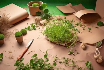 Fototapeta na wymiar green weed with sprouts and weedy paper on table, generative ai
