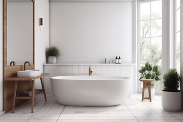 Obraz na płótnie Canvas bathtub nobody architecture luxury white bathroom interior home wood modern house. Generative AI.