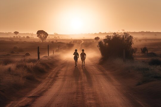 silhouette of children running on the beach