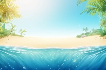 Realistic Summer Background Vibrant Tropical Theme with Ocean View and Palm Trees, Created with Generative AI