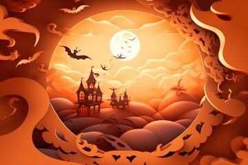 Halloween night with Moon and pumpkins on the cemetery background, illustration. AI generated generative ai