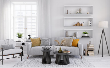 Interior of bright living room with windows and modern furniture. White walls and hardwood flooring, 3D rendering