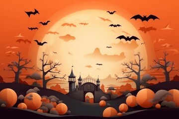 Halloween night with Moon and pumpkins on the cemetery background, illustration. AI generated generative ai
