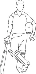 Cricket Player Stand With Bat Line art Illustration