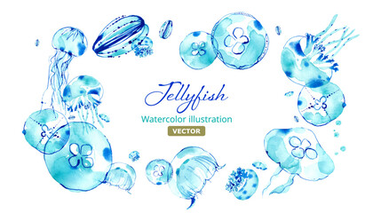 涼しげなクラゲをイメージした水彩イラストによるフレーム装飾。水中イメージ。（ベクター。レイアウト変更可能） © Keiko Takamatsu