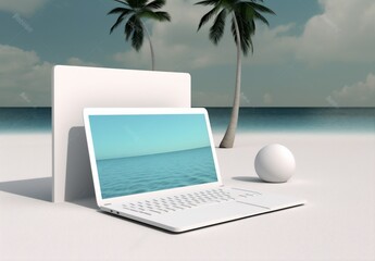 tree vacation computer summer travel tropical laptop concept palm beach. Generative AI.
