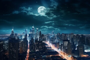 Obraz premium city skyline at night with a full moon in the background