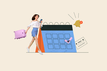 Creative collage image of mini excited girl hold suitcase use smart phone big calendar reminder flight italy isolated on white background