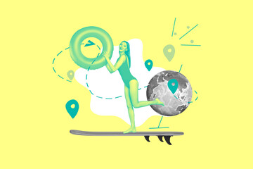 Creative collage picture of black white colors girl stand surf board hold inflatable ring geolocation mark planet earth globe travel worldwide