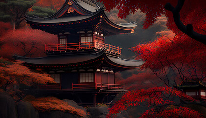 a red Chinese temple around which trees with red leaves grow during the day, Generative by AI