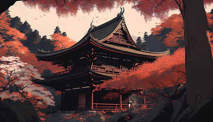 a red Chinese temple around which trees with red leaves grow during the day, Generative by AI