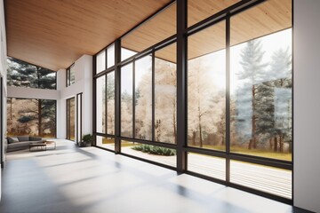 white interior design modern light empty room wall wood sofa window. Generative AI.