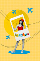 Vertical collage picture of black white effect positive girl hold paper album card vacation painted planes isolated on yellow background