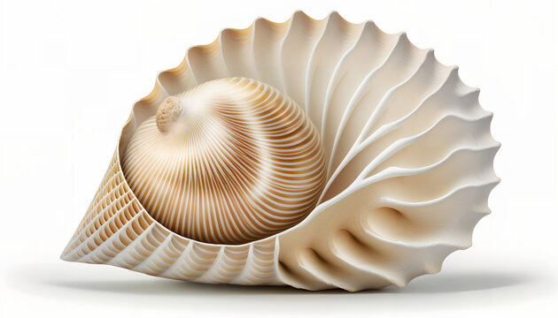 Close-up of a white and golden shell, isolated on a white background, Generative by AI