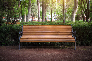 A beautiful wooden decorative bench in a city park