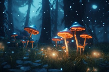 Fantasy landscape with a magic mushroom in the forest, a 3D illustration brought to life by Generative AI