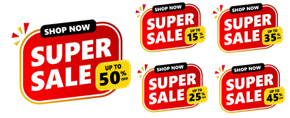 super sale percent label icon on collection set. red, yellow and black vector banner template. 50%, 15%, 25%, 35%, 45%.