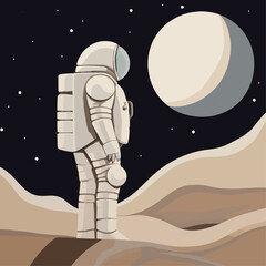 Moon Adventure, Abstract Hand-Drawn Poster with Astronaut in Art Deco Illustration
