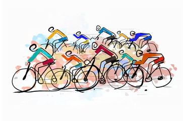 Cycling race,peloton, line art stylized.
Illustration of group of cyclists on a road. Imitation of watercolor painting.